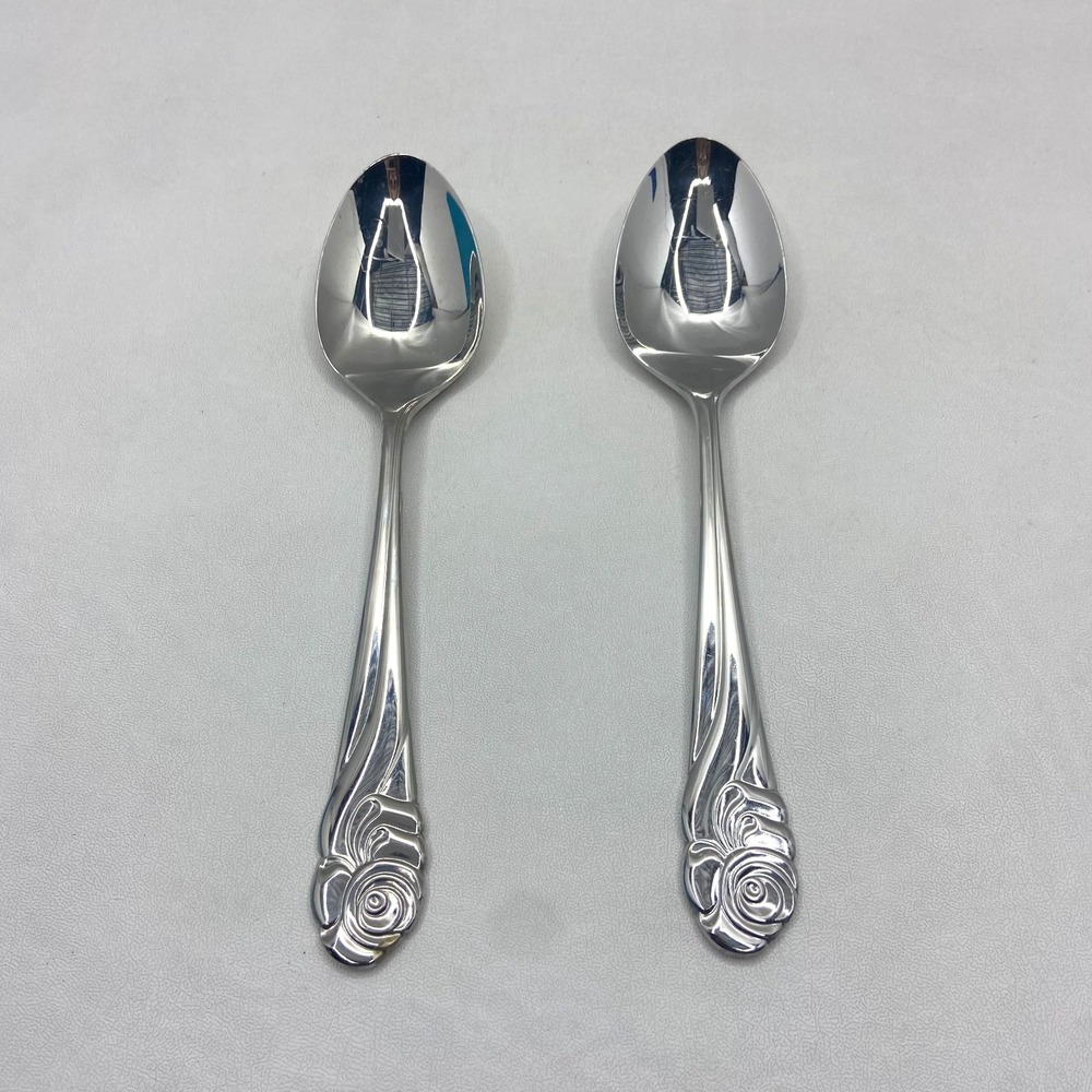 Yamazaki Ribbon Rose Stainless Glossy‎ Dinner Spoon Lot of 2 Flatware